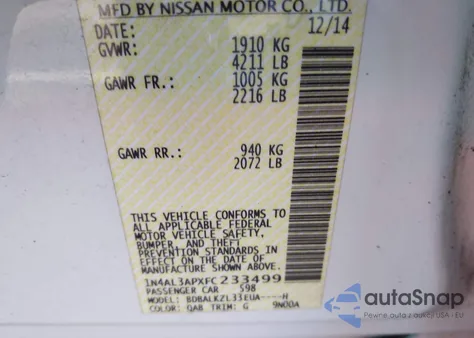 2015 Nissan Altima 2.5 Sv from USA, damaged, VIN 1N4AL3APXFC233499